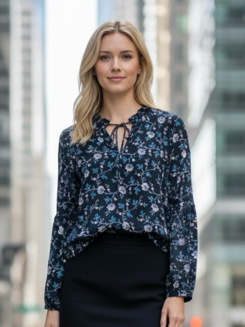 LOFT Black Floral Ruffle-Neck Blouse